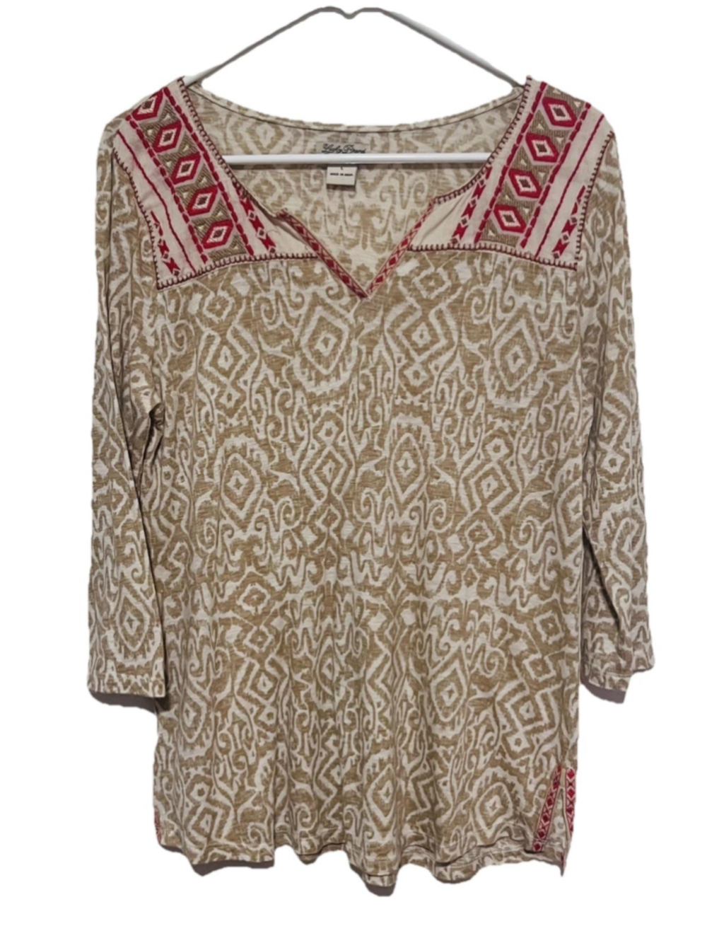 Lucky Brand Embroidered Boho Top Women’s Large Khaki Tribal Abstract 3/4 Sleeve